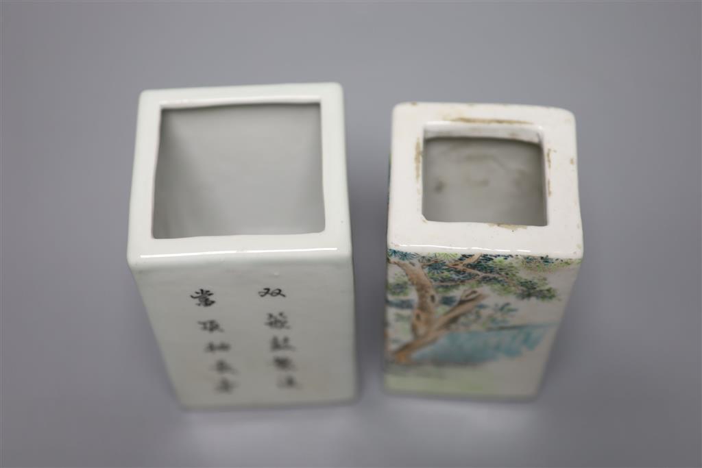 Two Chinese famille rose square brush pots, tallest 13cm